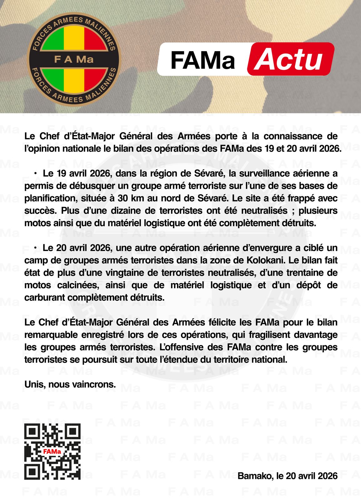  Le Chef d'État-Major Général des Armées porte à la connaissance de l'opinion nationale le bilan des operations des FAMa des 19 et 20 avril 2026.