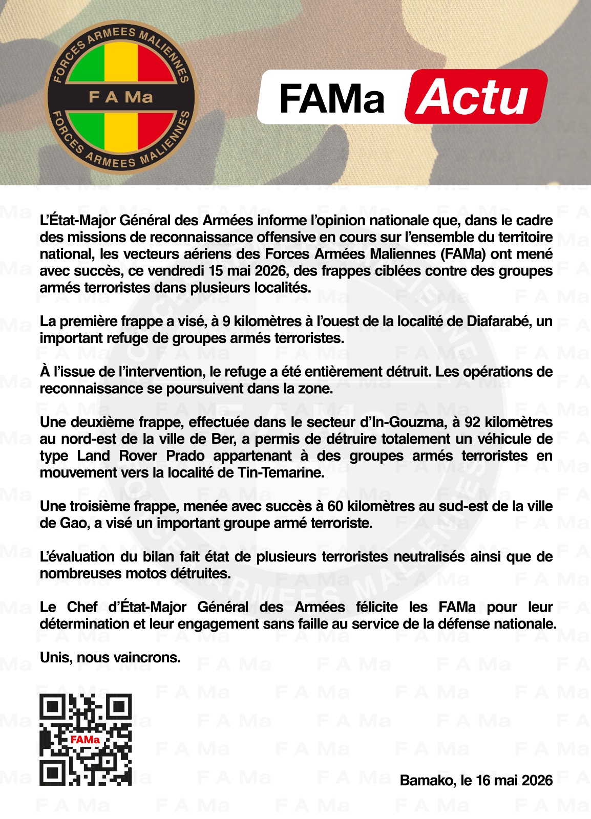  #FAMa Actu L’Etat-major Général des Armées informe l’opinion nationale que, dans le cadre des missions de reconnaissance offensive en cours sur l’ensemble du territoire national.