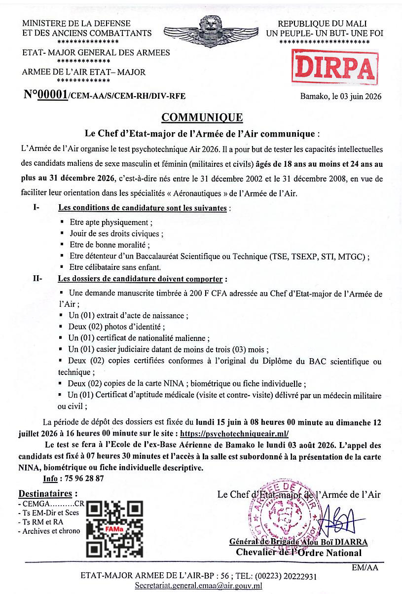 Le Chef d'Etat-major de l'Armée de l'Air communique :