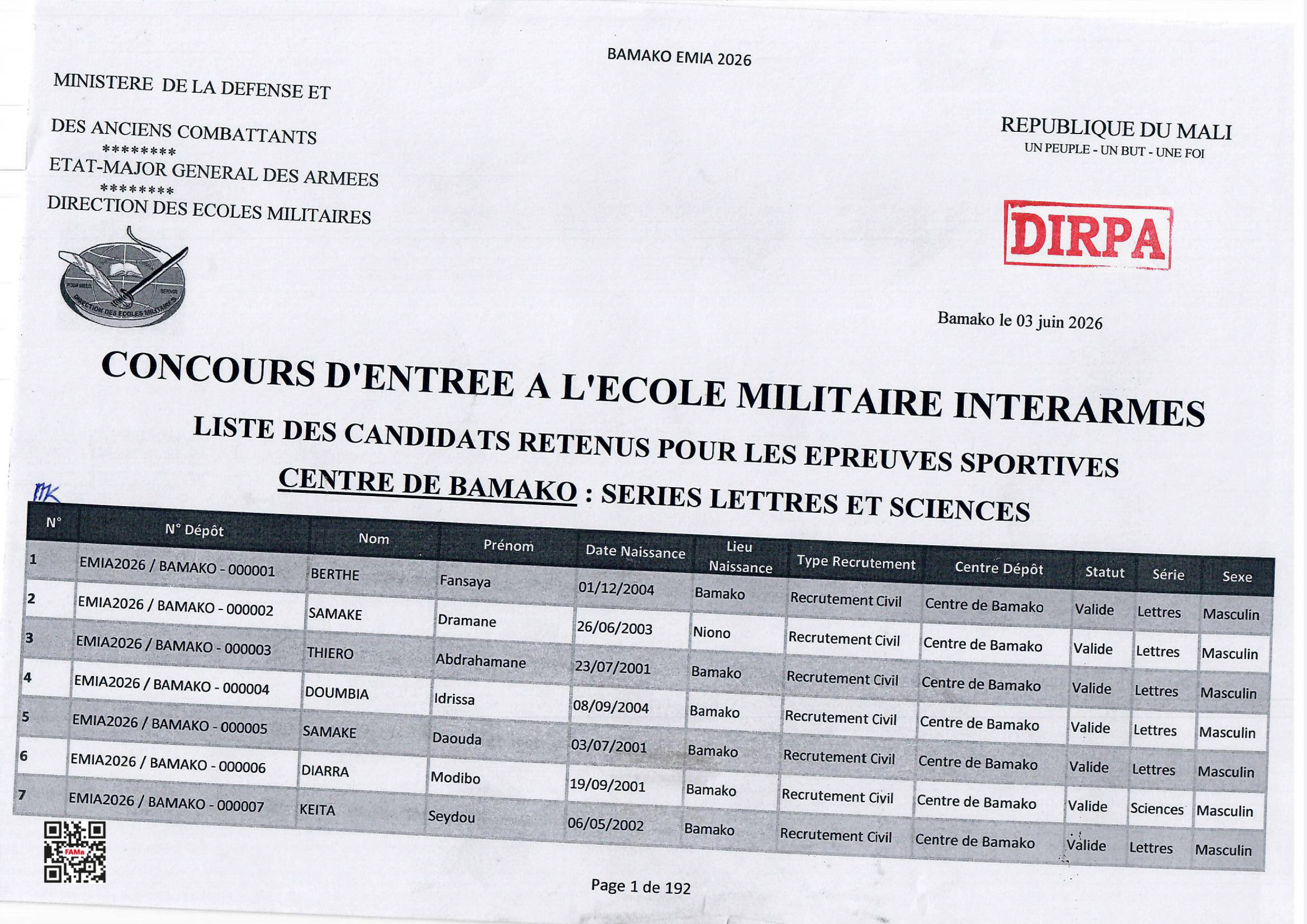  LISTE DES CANDIDATS RETENUS POUR LES EPREUVES SPORTIVES DE L’EMIA CENTRE DE BAMAKO