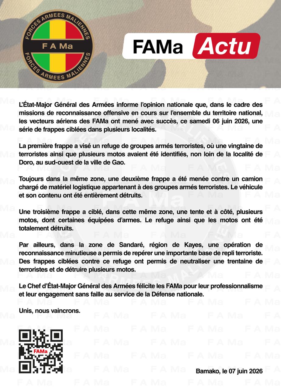  L'État-Major Général des Armées informe l'opinion nationale que, dans le cadre des missions de reconnaissance offensive en cours sur l'ensemble du territoire national, les vecteurs aériens de