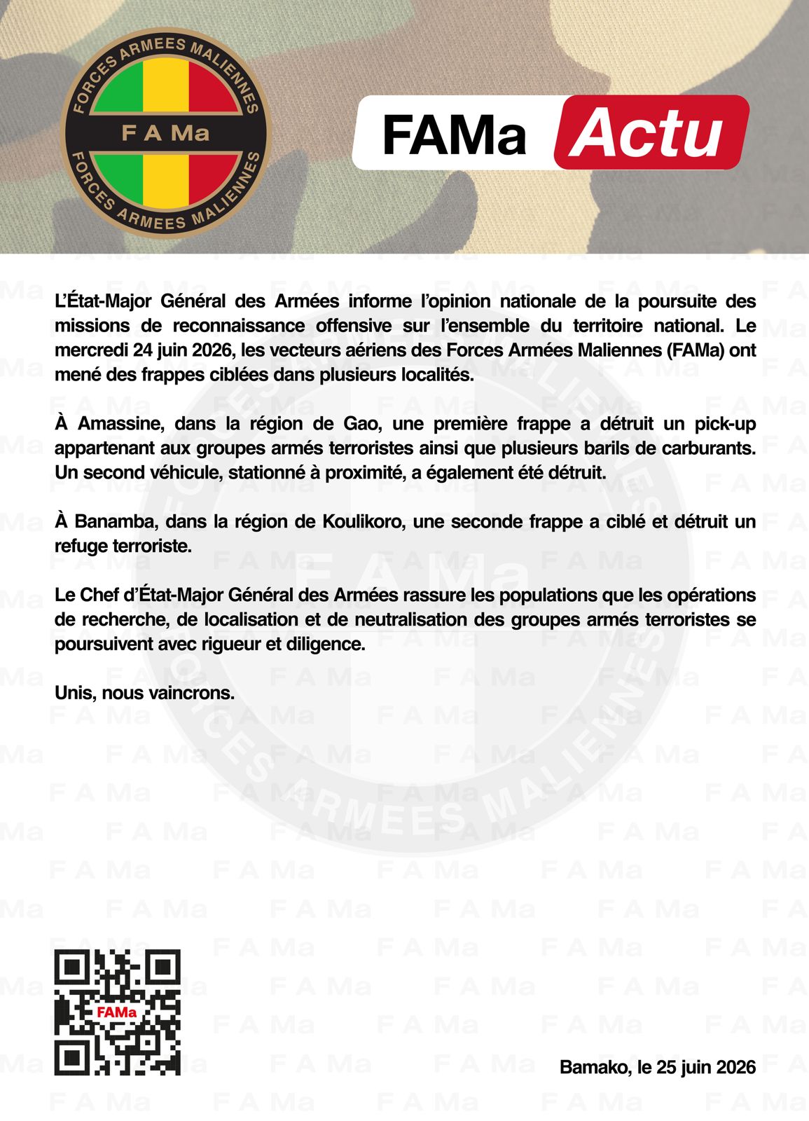  L'État-Major Général des Armées informe l'opinion nationale de la poursuite des missions de reconnaissance offensive sur l'ensemble du territoire national. Le mercredi 24 juin 2026, les vecte
