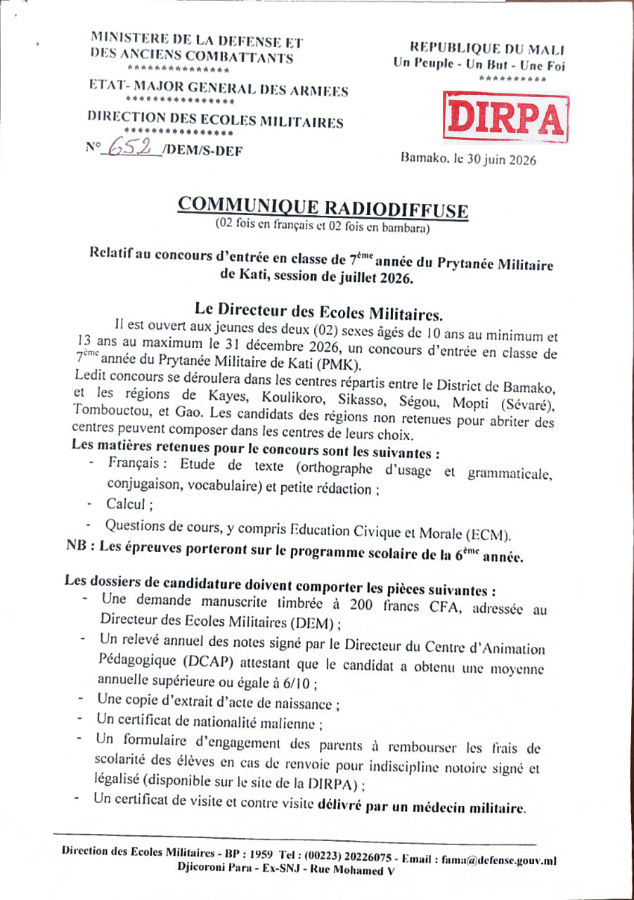  Communiqué Relatif au concours d'entrée en classe de 7ème année du Prytanée Militaire de Kati, session de juillet 2026.