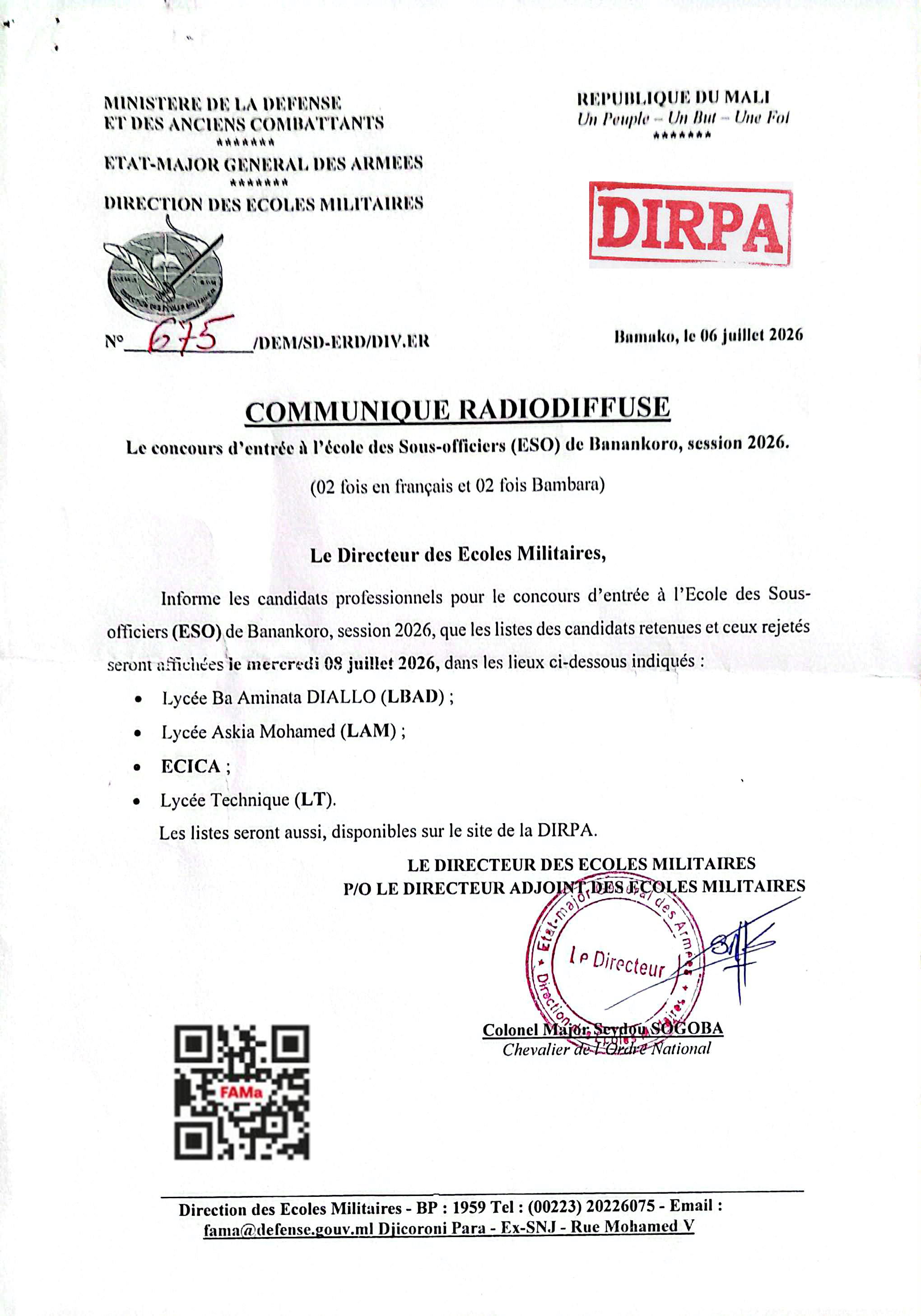  La liste des candidats professionnels retenues et ceux rejetés pour le concours d'entrée à l'Ecole des Sous-officiers (ESO) de Banankoro, session 2026