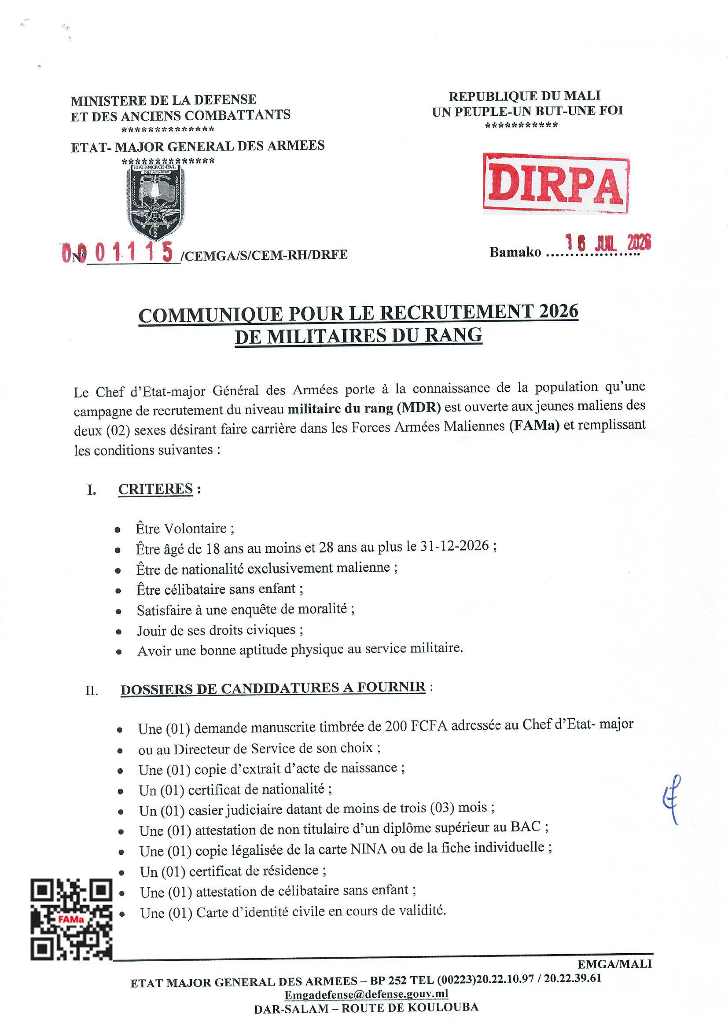  Communiqué pour le Recrutement 2026 de militaire du rang