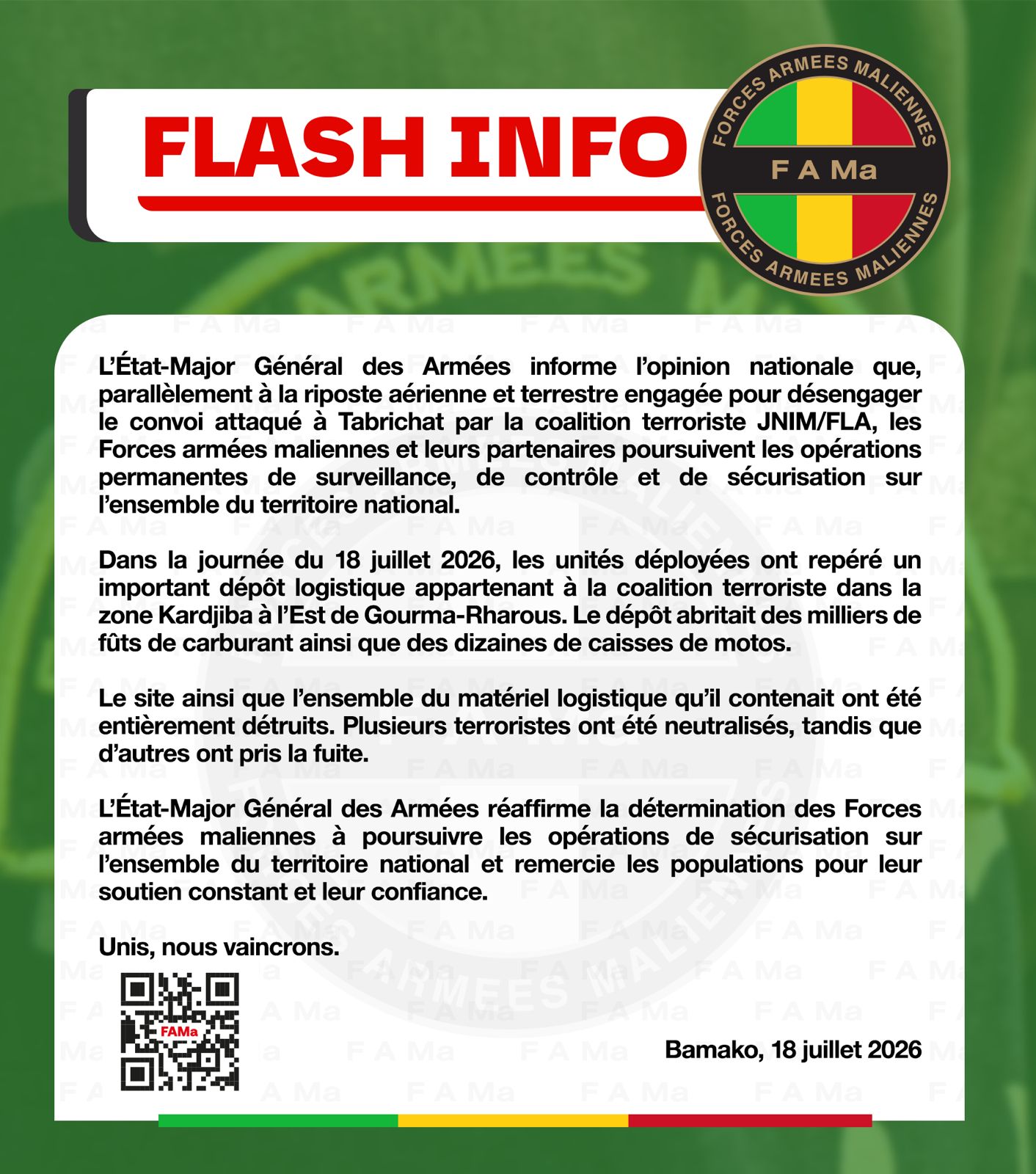  L'État-Major Général des Armées informe l'opinion nationale que, parallèlement à la riposte aérienne et terrestre engagée pour désengager le convoi attaque à Tabrichat.