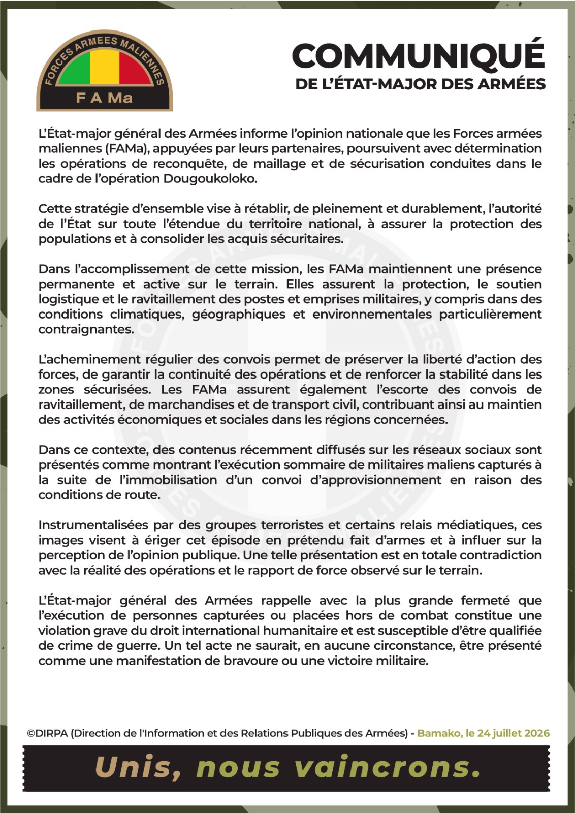  L'État-major général des Armées informe l'opinion nationale que les Forces armées maliennes (FAMa)