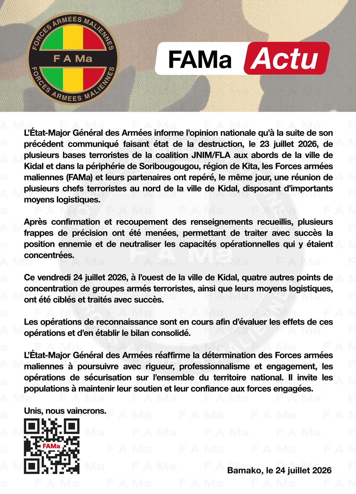  L'État-Major Général des Armées informe l'opinion nationale qu'à la suite de son précédent communiqué faisant état de la destruction, le 23 juillet 2026.