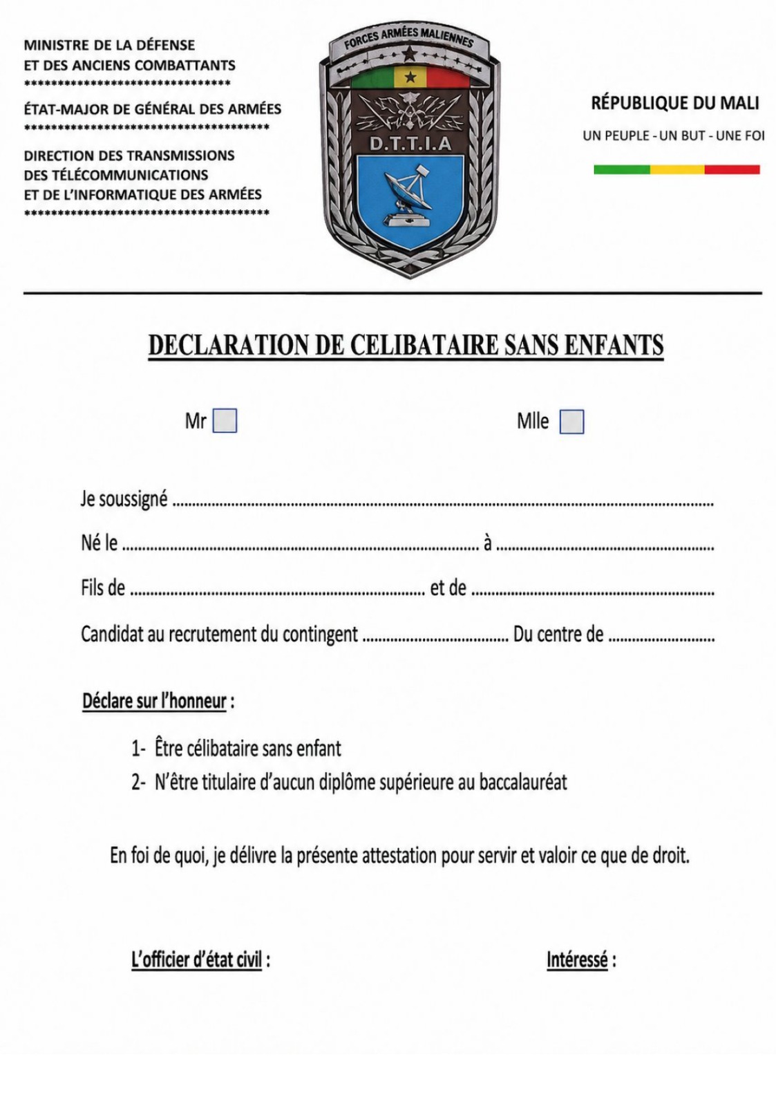  D.T.T.I.A DECLARATION DE CELIBATAIRE SANS ENFANTS