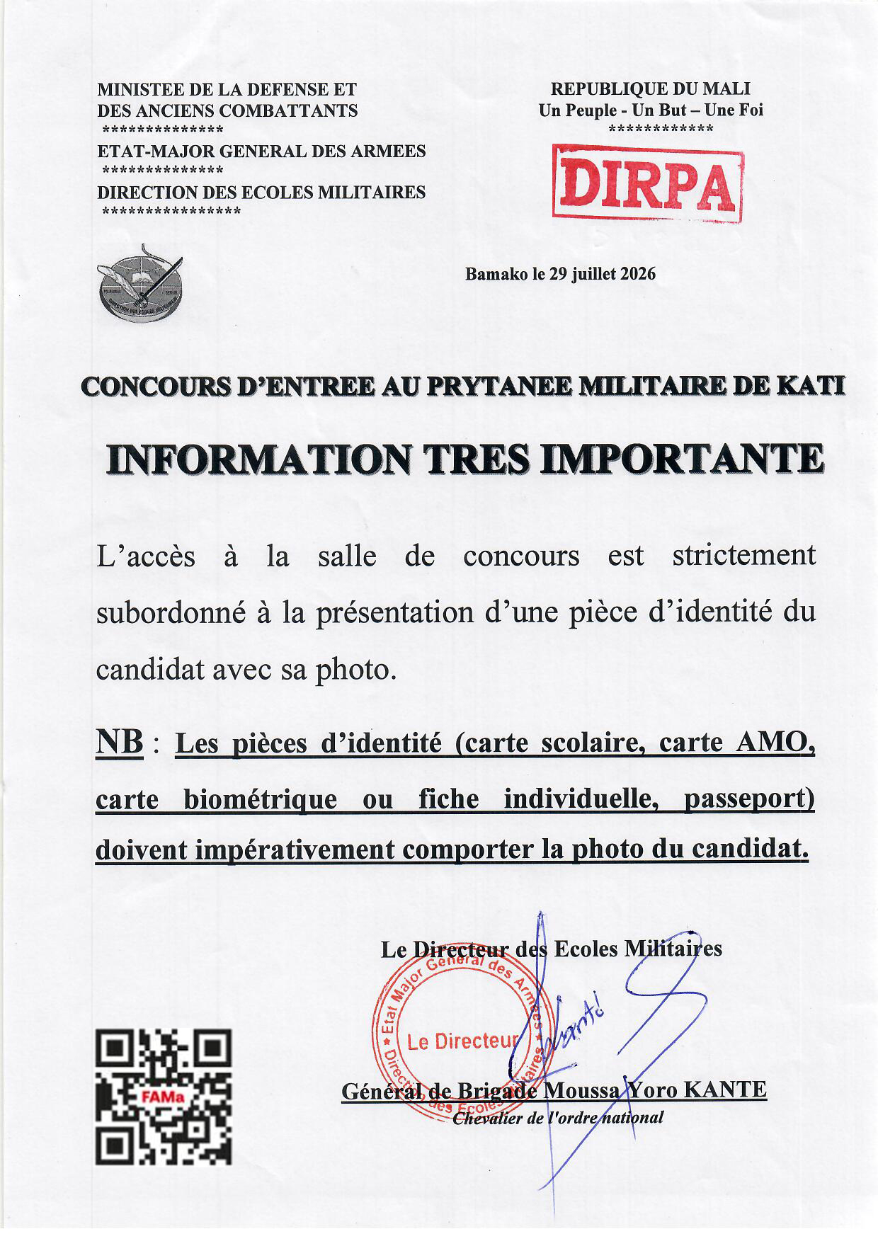  CONCOURS D'ENTREE AU PRYTANEE MILITAIRE DE KATI INFORMATION TRES IMPORTANTE