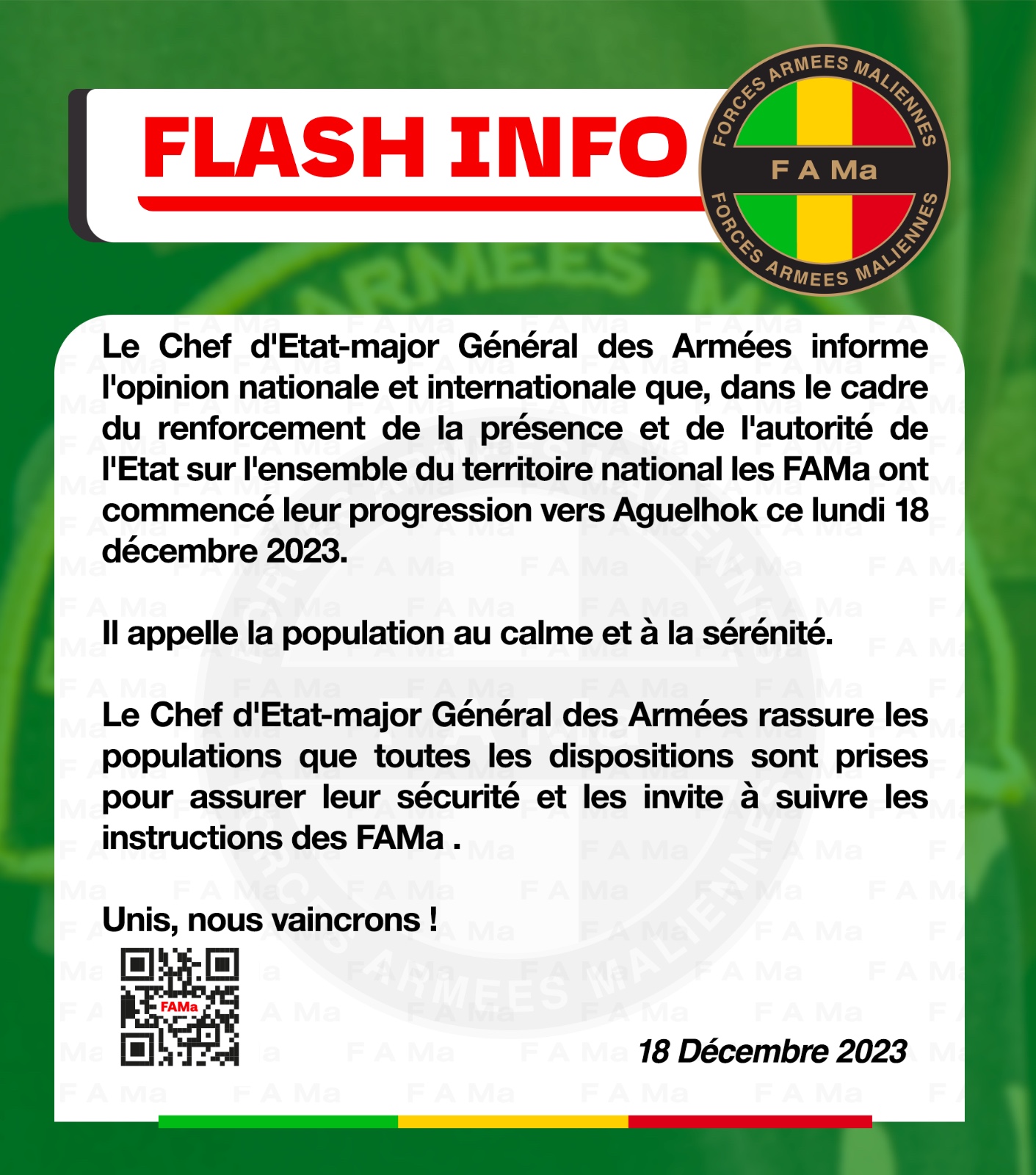 Le Chef d'Etat-major Général des Armées informe l'opinion nationale et internationale que, *dans le cadre du renforcement de la présence et de l'autorité de l'Etat sur l'ensemble du territoir Le Chef d'Etat-major Général des Armées informe l'opinion nationale et internationale que, *dans le cadre du renforcement de la présence et de l'autorité de l'Etat sur l'ensemble du territoir