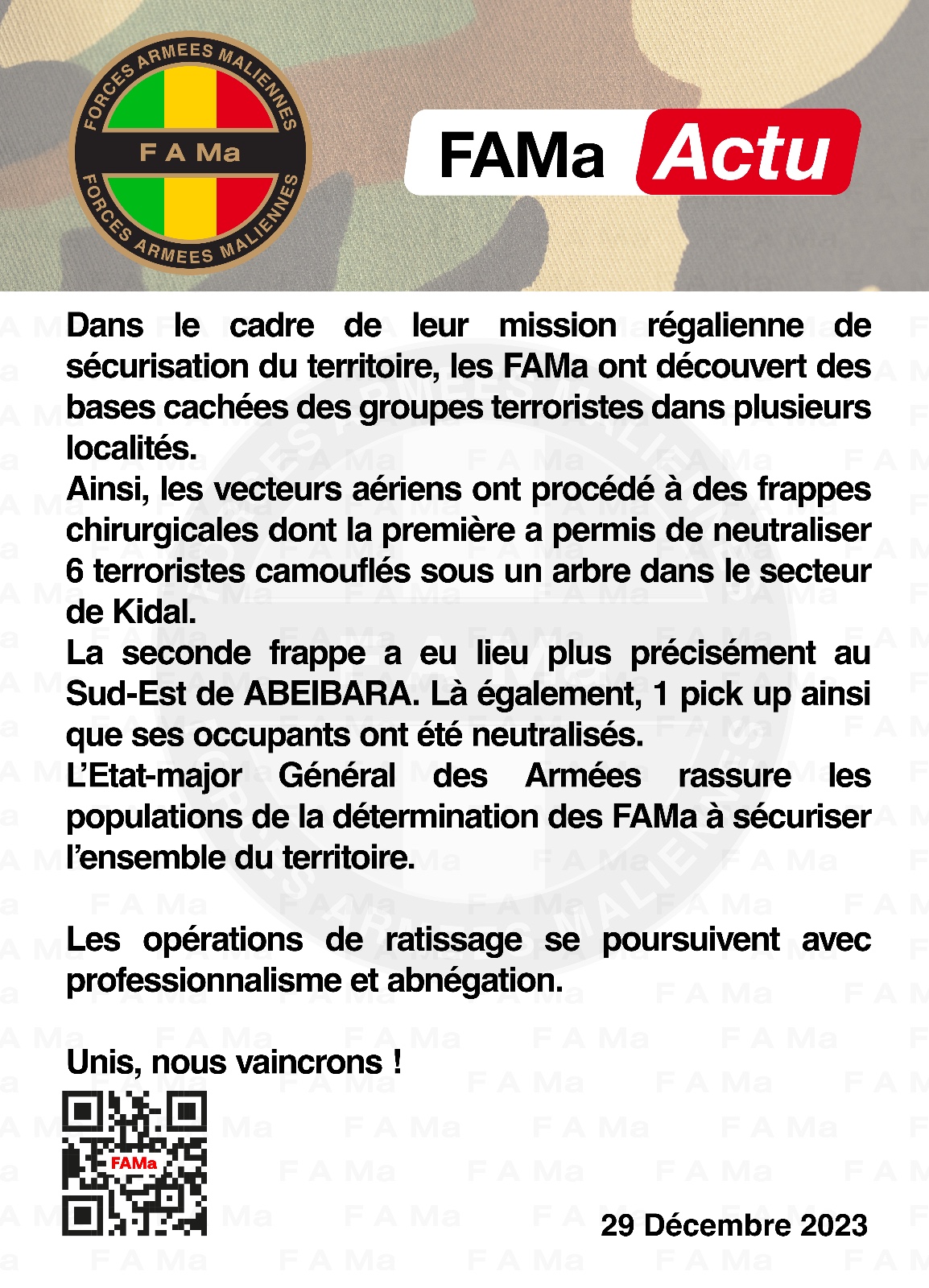Dans le cadre de leur mission régalienne de sécurisation du territoire, les FAMa ont découvert des bases cachées des groupes terroristes dans plusieurs localités. Dans le cadre de leur mission régalienne de sécurisation du territoire, les FAMa ont découvert des bases cachées des groupes terroristes dans plusieurs localités.