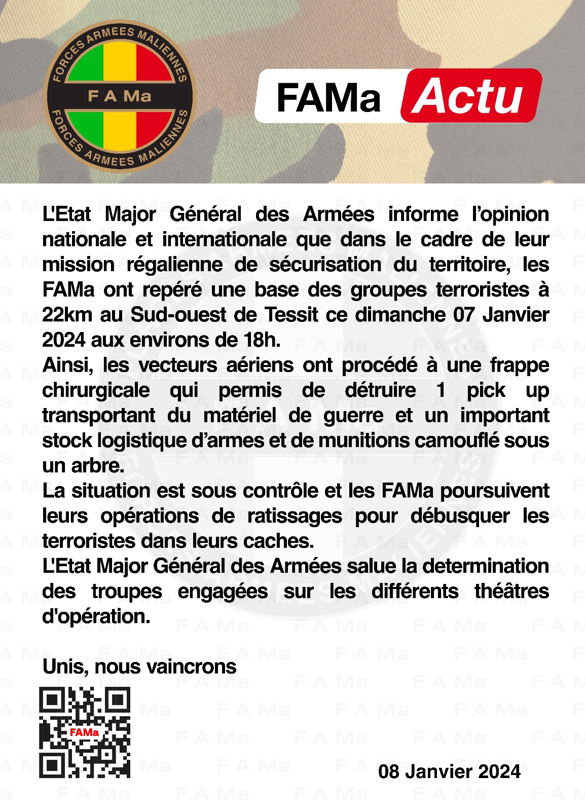 L'Etat Major Général des Armées informe l’opinion nationale et internationale que dans le cadre de leur mission régalienne de sécurisation du territoire, les FAMa ont repéré une base des grou L'Etat Major Général des Armées informe l’opinion nationale et internationale que dans le cadre de leur mission régalienne de sécurisation du territoire, les FAMa ont repéré une base des grou
