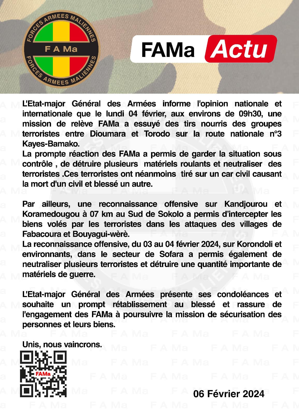 L'Etat-major Général des Armées informe l'opinion nationale et internationale que le lundi 04 février, aux environs de 09h30, une mission de relève FAMa a essuyé des tirs nourris des groupes L'Etat-major Général des Armées informe l'opinion nationale et internationale que le lundi 04 février, aux environs de 09h30, une mission de relève FAMa a essuyé des tirs nourris des groupes