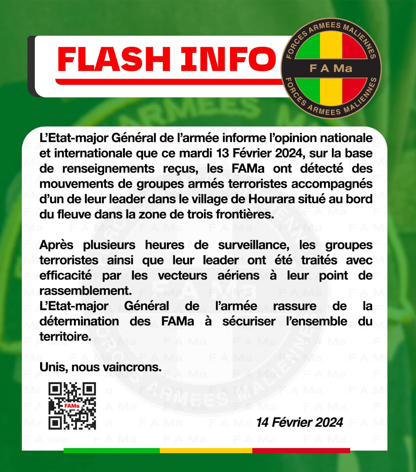 L’Etat-major Général de l’armée informe l’opinion nationale et internationale que ce mardi 13 Février 2024, sur la base de renseignements reçus, les FAMa ont détecté des mouvements de groupes L’Etat-major Général de l’armée informe l’opinion nationale et internationale que ce mardi 13 Février 2024, sur la base de renseignements reçus, les FAMa ont détecté des mouvements de groupes