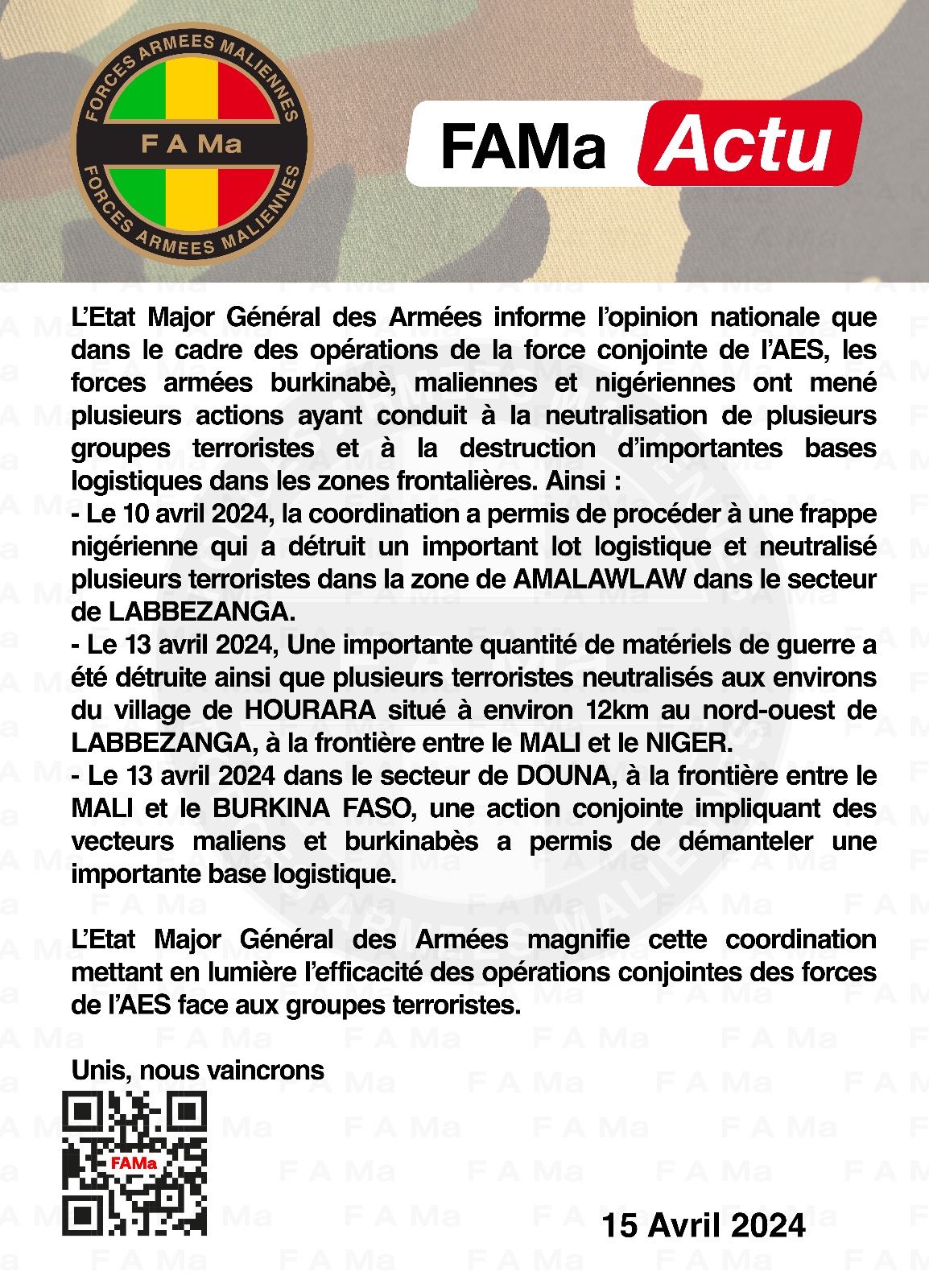 L’Etat Major Général des Armées informe l’opinion nationale que dans le cadre des opérations de la force conjointe de l’AES, les forces armées burkinabè, maliennes et nigériennes ont mené plu L’Etat Major Général des Armées informe l’opinion nationale que dans le cadre des opérations de la force conjointe de l’AES, les forces armées burkinabè, maliennes et nigériennes ont mené plu