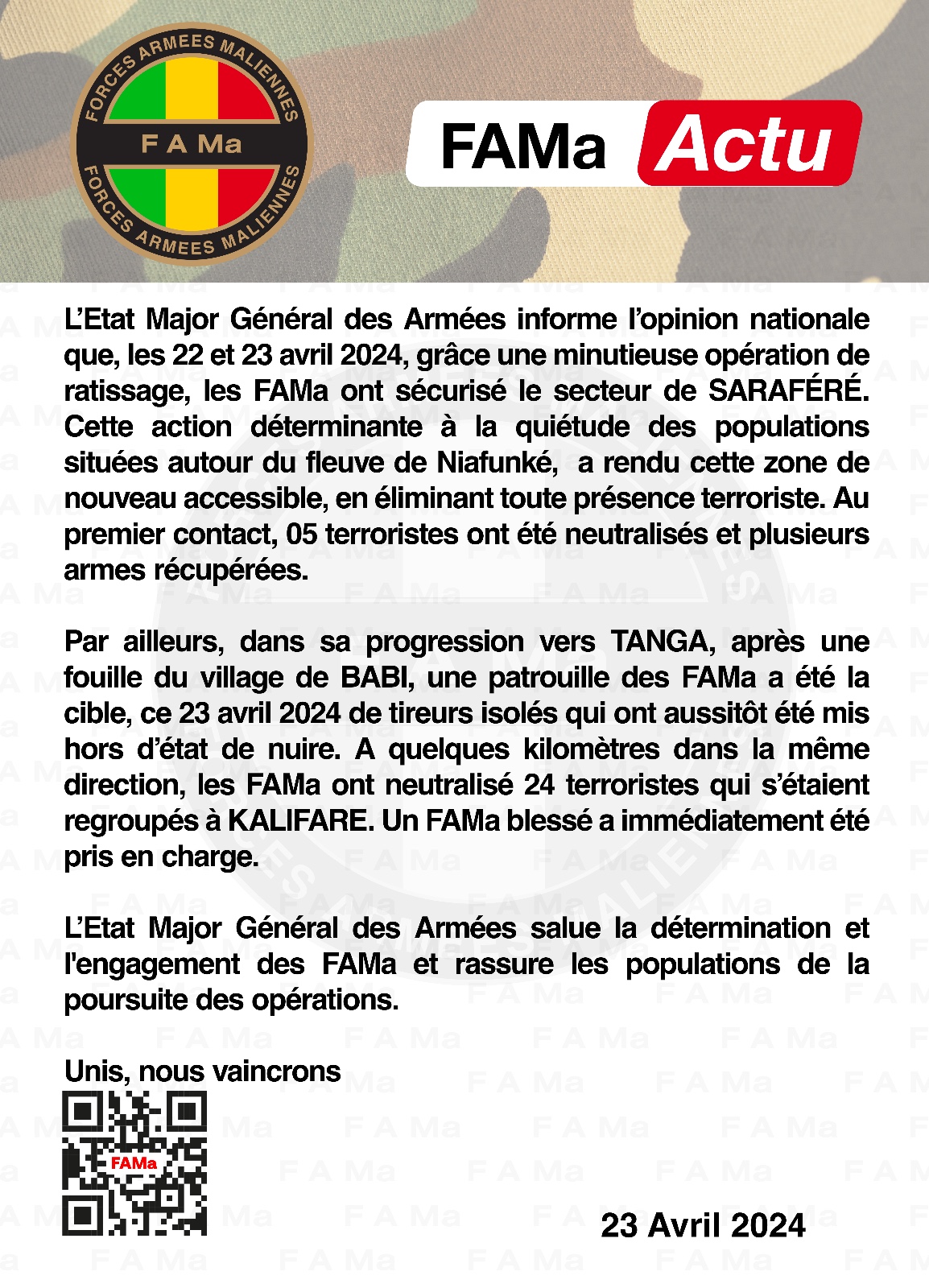 L’Etat Major Général des Armées informe l’opinion nationale que, les 22 et 23 avril 2024, grâce une minutieuse opération de ratissage, les FAMa ont sécurisé le secteur de SARAFÉRÉ L’Etat Major Général des Armées informe l’opinion nationale que, les 22 et 23 avril 2024, grâce une minutieuse opération de ratissage, les FAMa ont sécurisé le secteur de SARAFÉRÉ