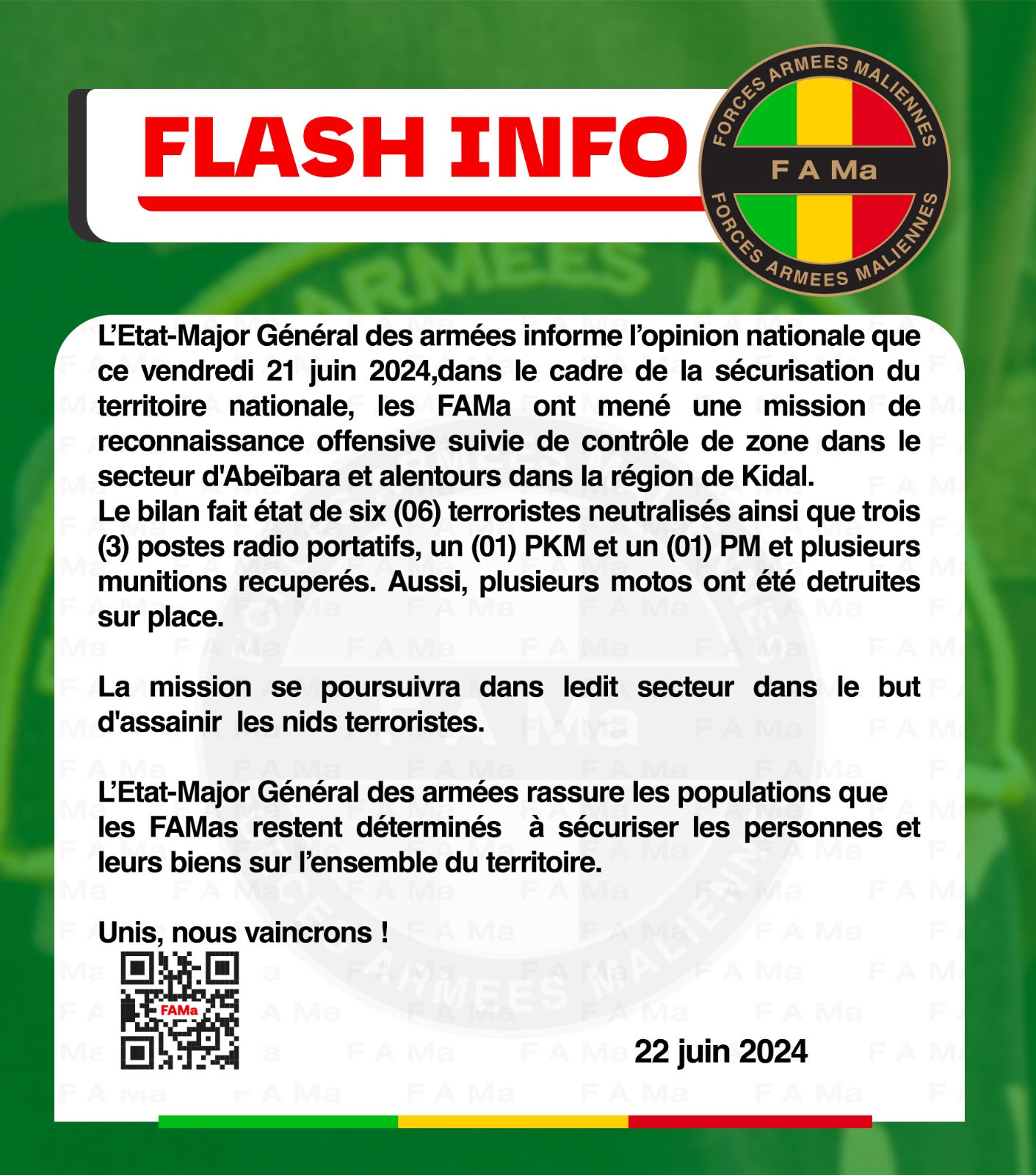 L’Etat-Major Général des armées informe l’opinion nationale que ce vendredi 21 juin 2024, dans le cadre de la sécurisation du territoire nationale, les FAMa ont mené une mission de reconnaiss L’Etat-Major Général des armées informe l’opinion nationale que ce vendredi 21 juin 2024, dans le cadre de la sécurisation du territoire nationale, les FAMa ont mené une mission de reconnaiss