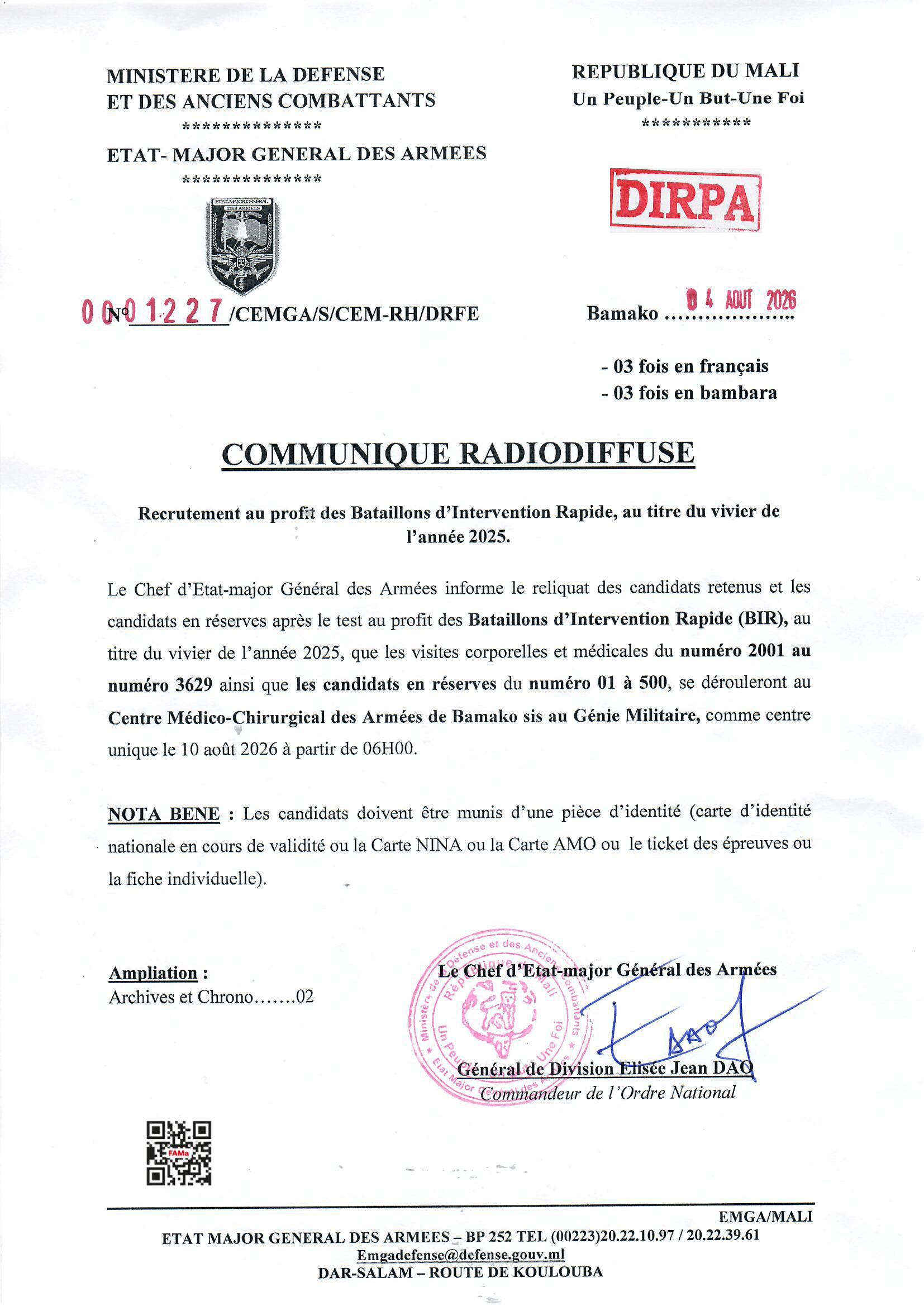 COMMUNIQUE RADIODIFFUSE :Recrutement au profit des Bataillons d'Intervention Rapide, au titre du vivier de l'année 2025.