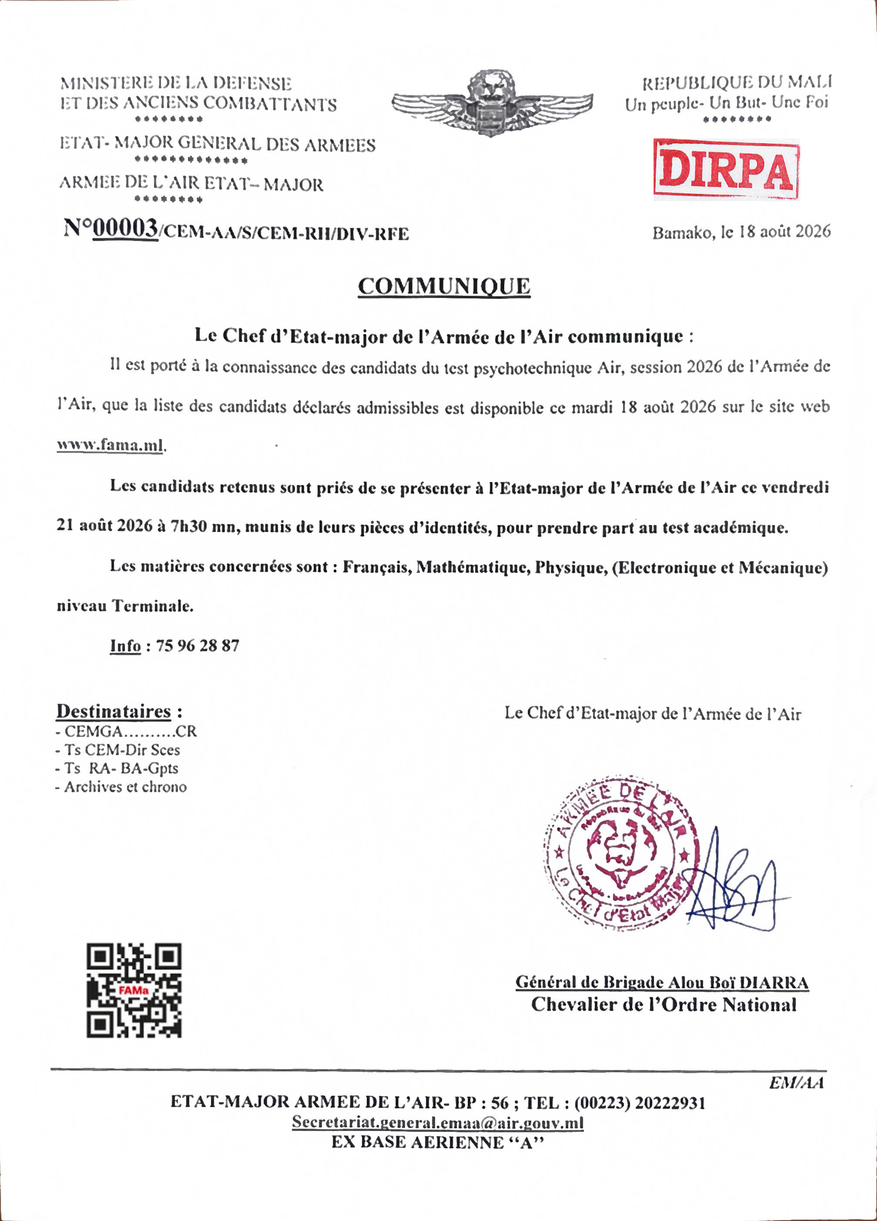 COMMUNIQUE : Il est porté à la connaissance des candidats du test psychotechnique Air, session 2026 de l'Armée de l'Air, que la liste des candidats déclarés admissibles est disponible ce mard