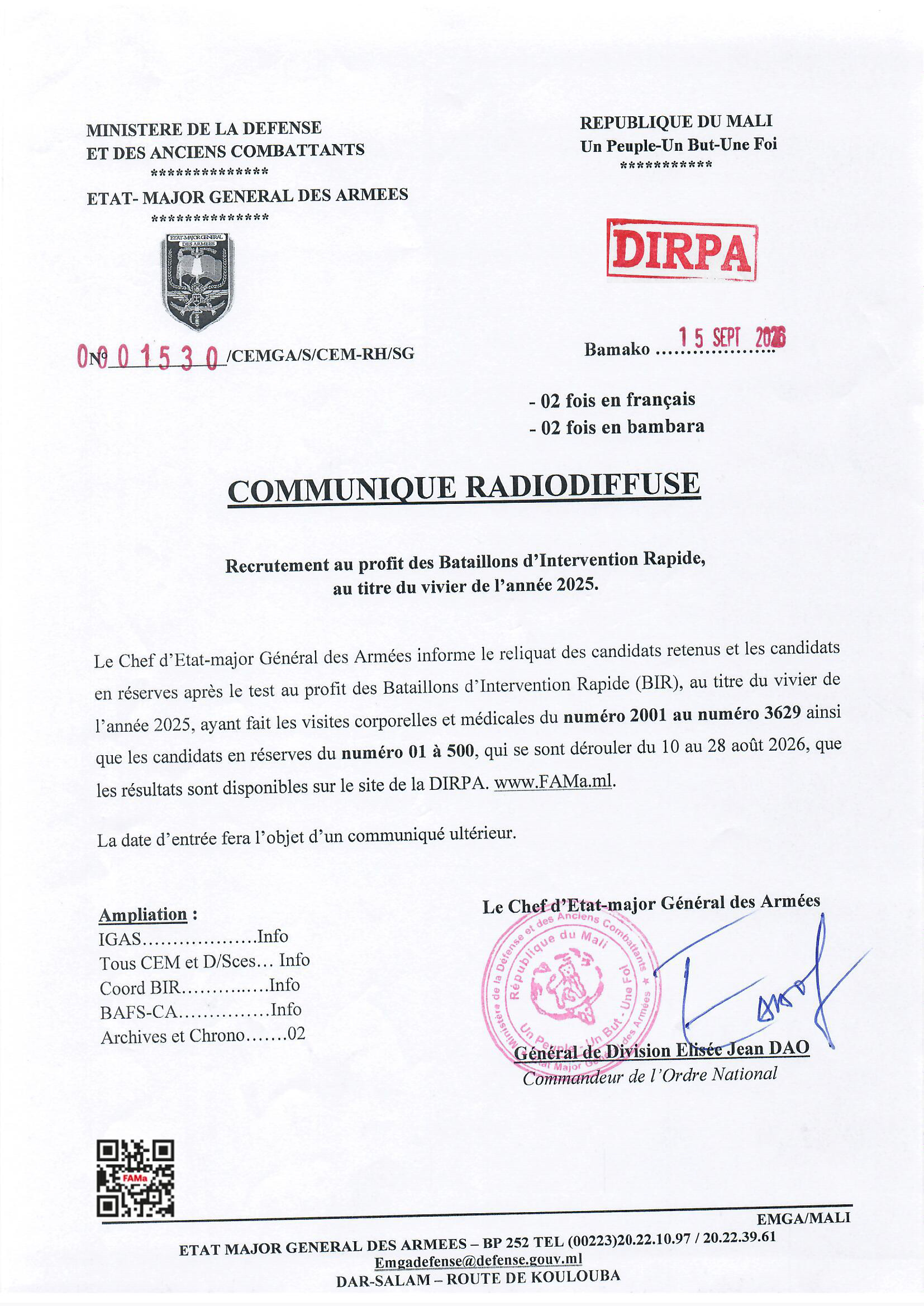 Recrutement au profit des Bataillons d'Intervention Rapide, au titre du vivier de l'année 2025.